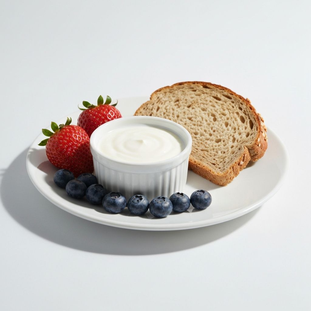 Greek yogurt bowl with fresh berries and whole grain bread