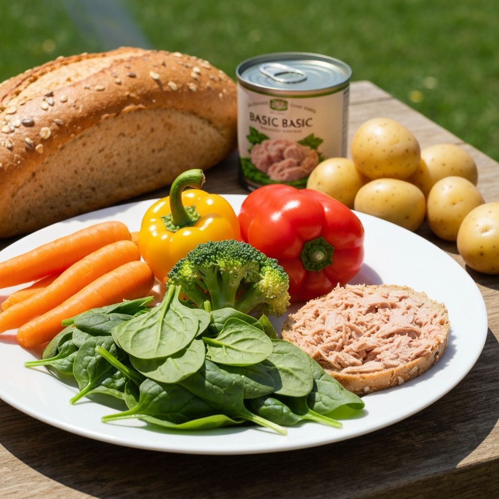 Mixed fresh vegetables, whole grain bread and boiled potatoes