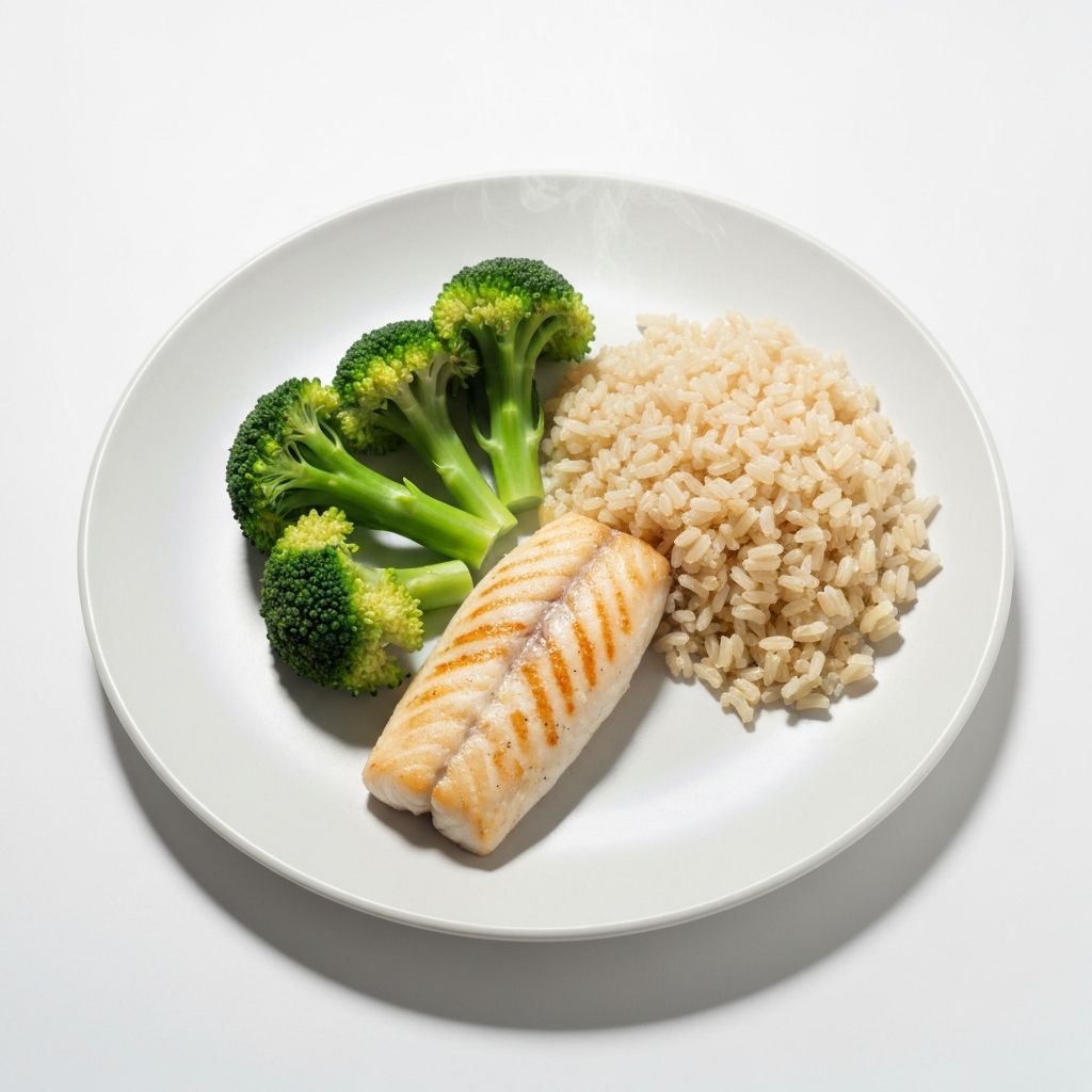 Straightforward balanced plate with fish, broccoli and rice